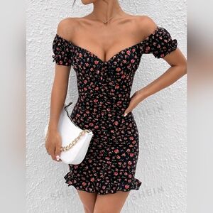 Floral print Off Shoulder Front Knot Ruched Ruffle Hem Bodycon dress Sexy dress